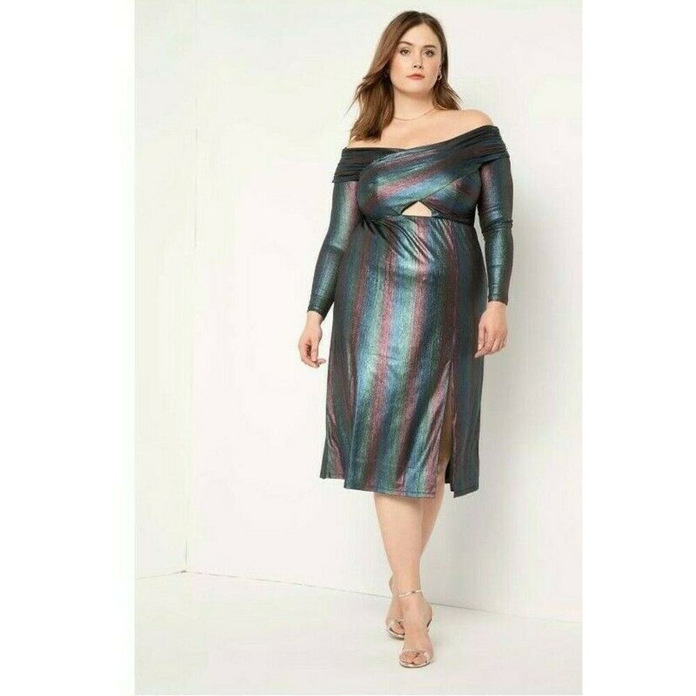 New Eloquii Womans 20 Plus Dress‎ Cross Bodice Rainbow Dress Stretch Shimmer NWT